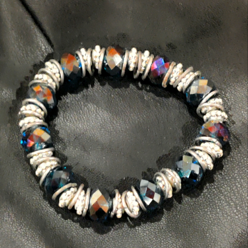Boho Style Faux Saphire and Silvertone Stretch Bracelet